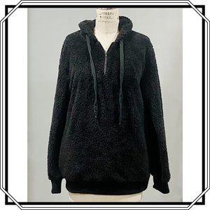 Black Pullover Furry Fleece Hoodie Top - Size M